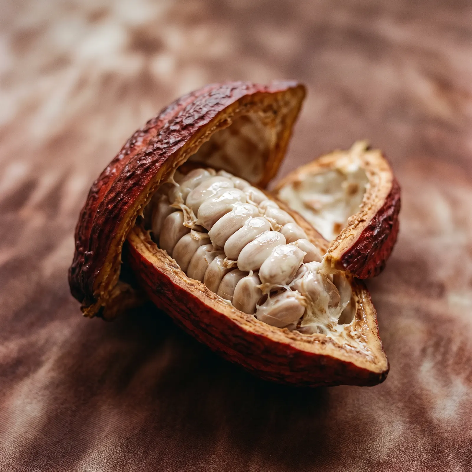 Cocoa pod opened, revealing fresh beans in white pulp