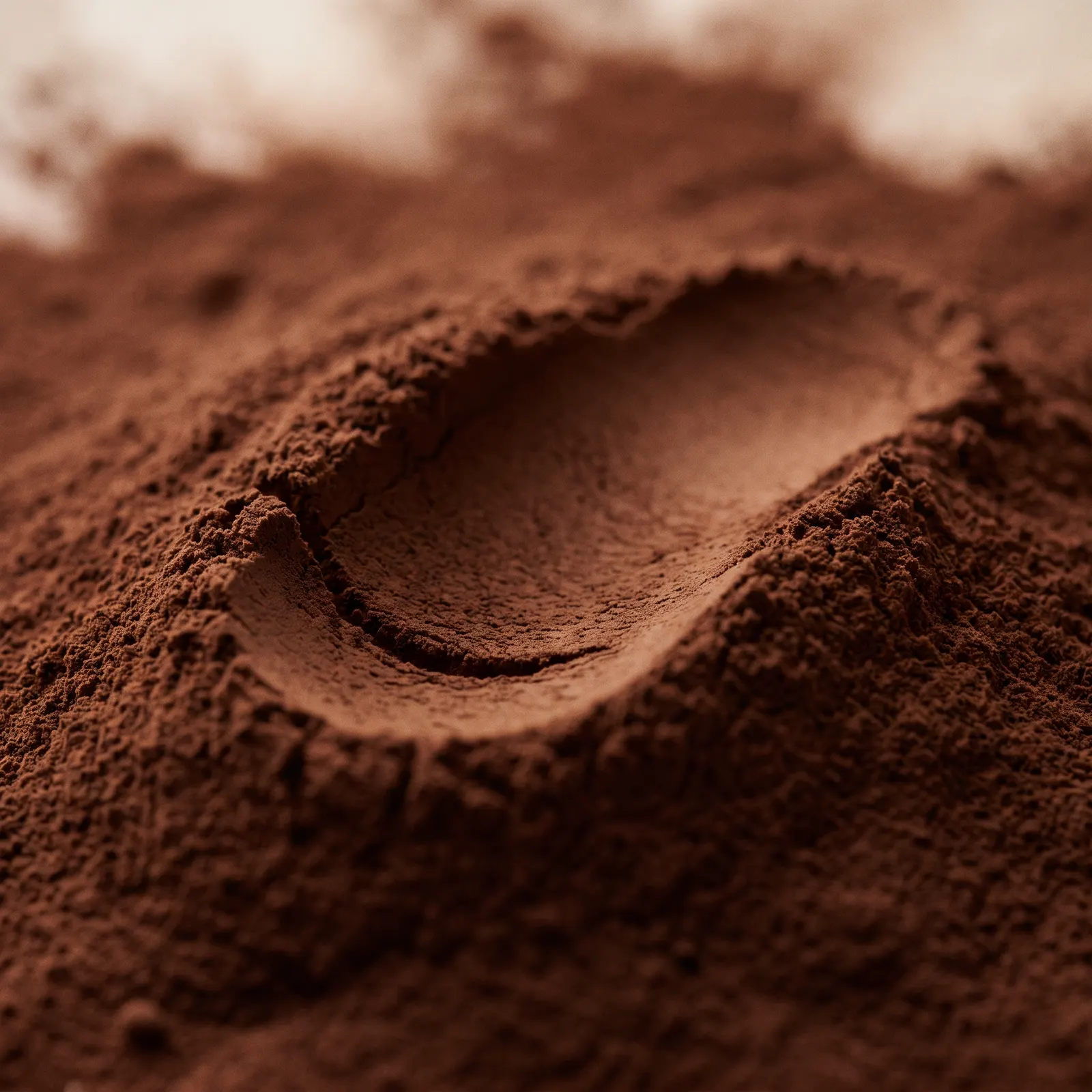 Fine dark cocoa powder catching soft light