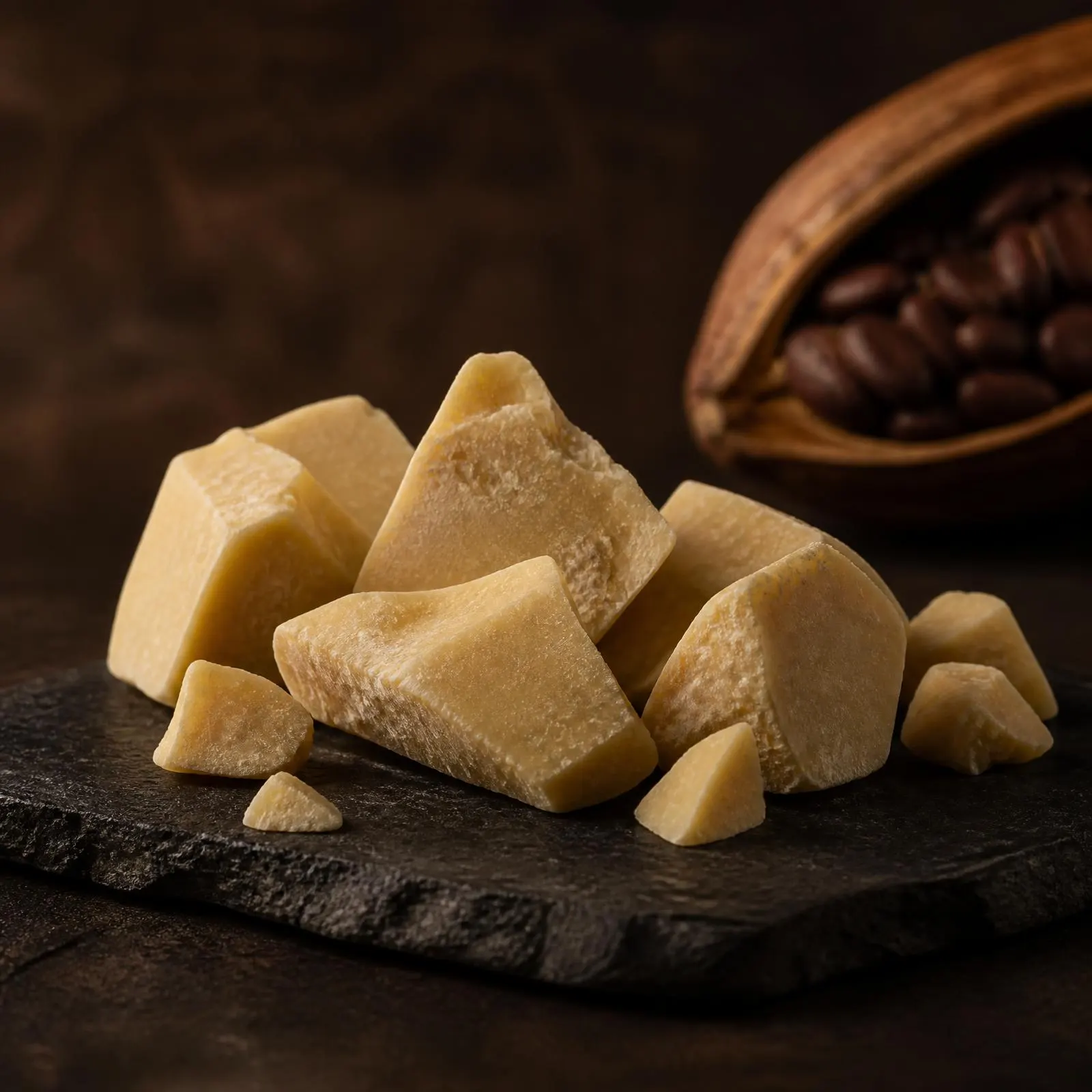 Natural cocoa butter chunks in warm ivory on a dark stone slab, cocoa pod softly behind