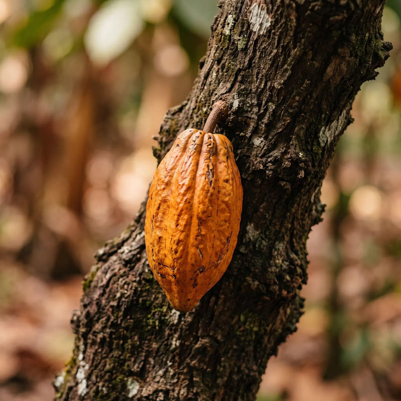 Ripe orange cocoa pod on a cacao tree trunk in Ghana