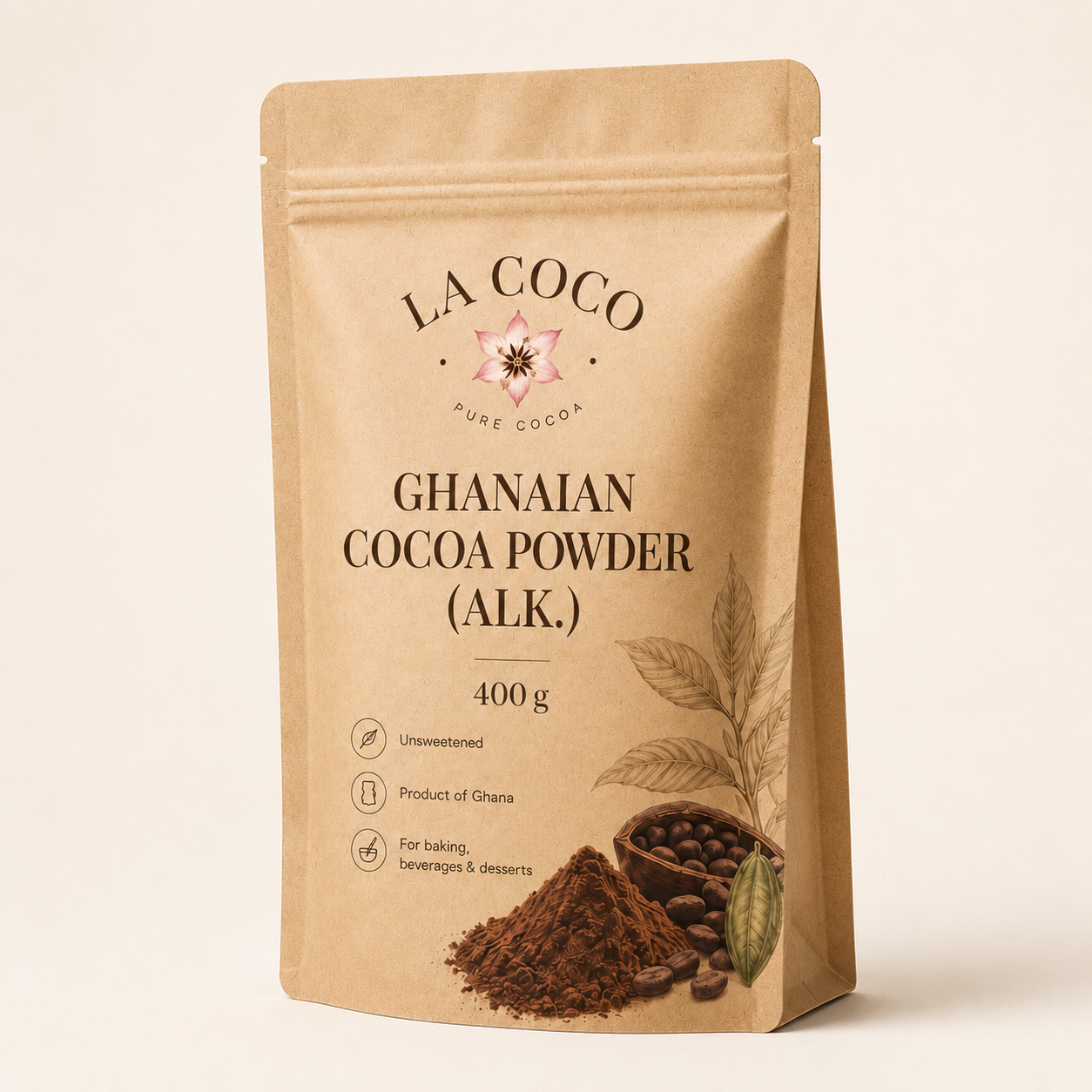 LA COCO Ghanaian alkalized cocoa powder 400 g kraft pouch, three-quarter view