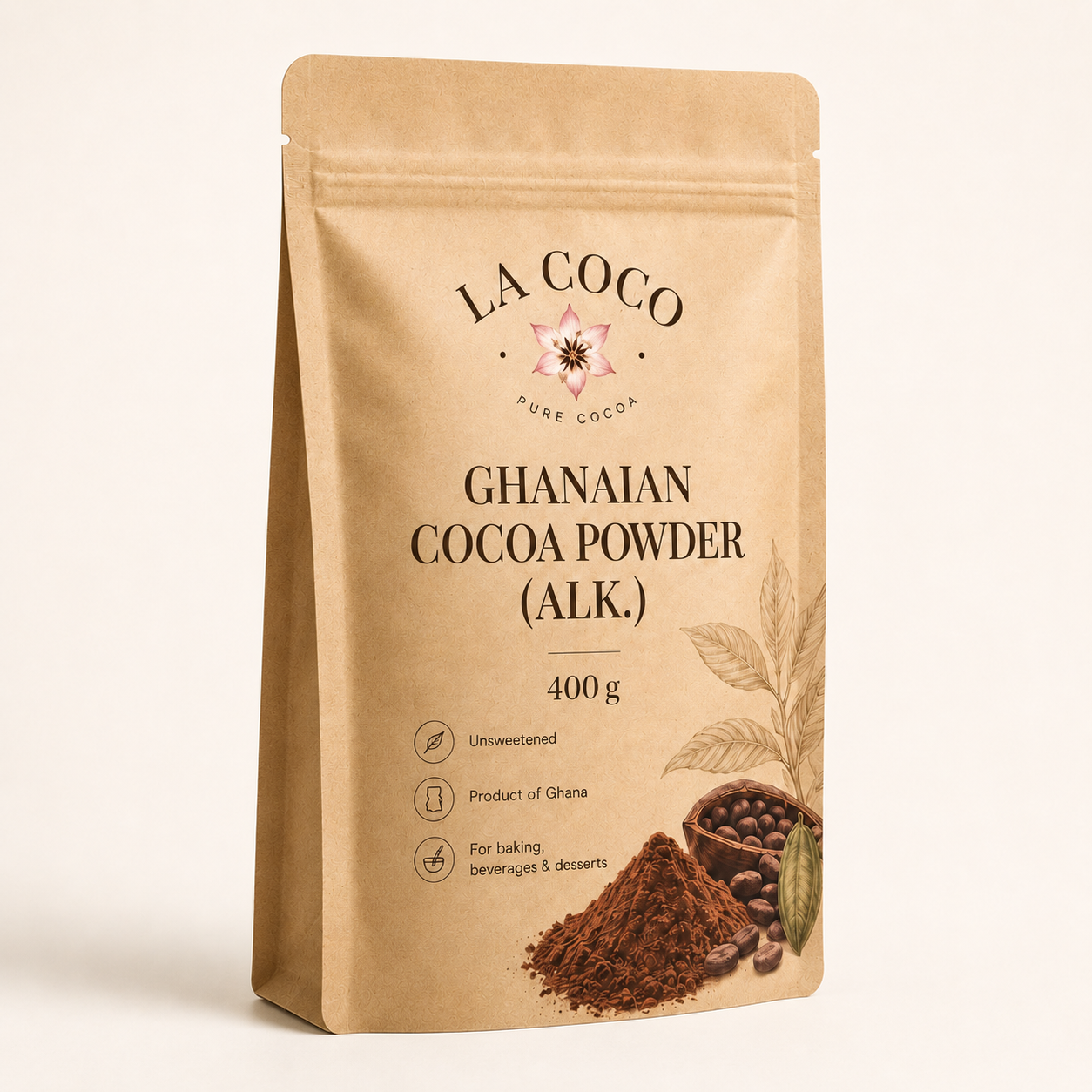 LA COCO Ghanaian alkalized cocoa powder 400 g kraft pouch, angled view