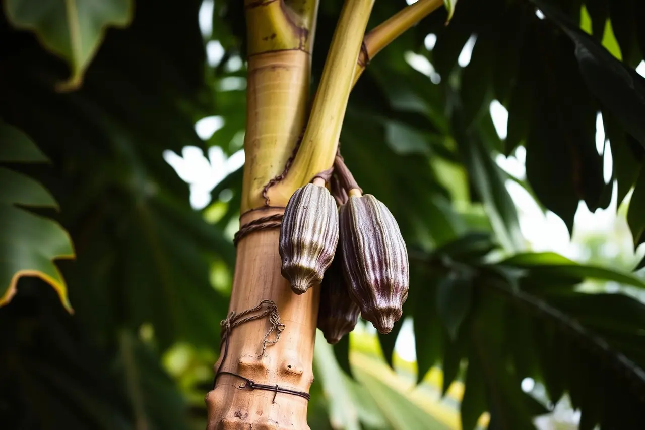A cocoa tree with pods attached directly to its trunk.