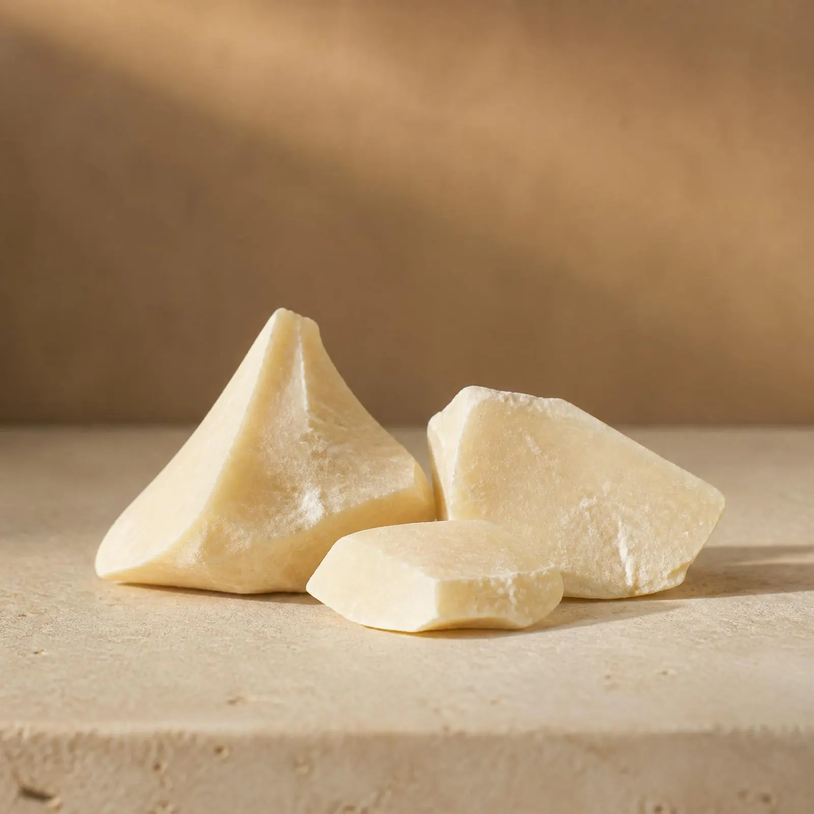 Pale neutral cocoa butter pieces on a warm cream stone surface