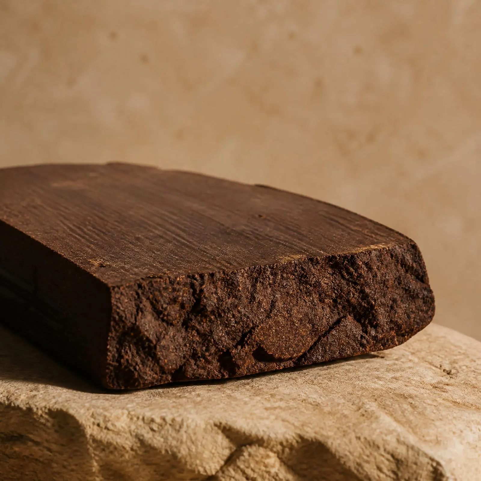 Compressed cocoa press-cake slab with mineral fractured edge on warm cream stone