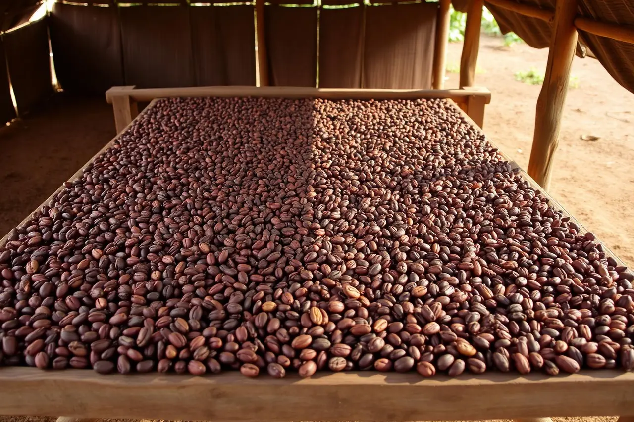 Cocoa beans spread out to dry in open sunlight.