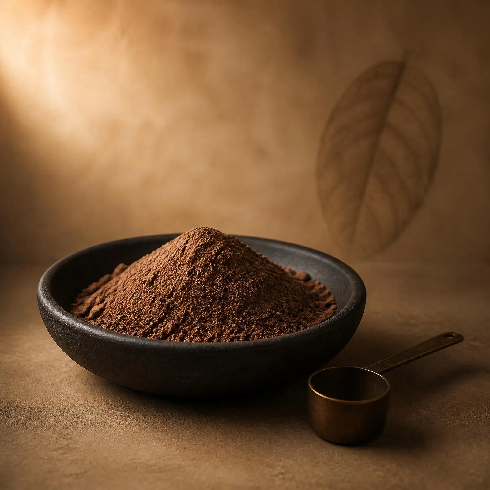 Natural cocoa powder mounded in a dark stoneware bowl, brass scoop beside, warm cocoa background