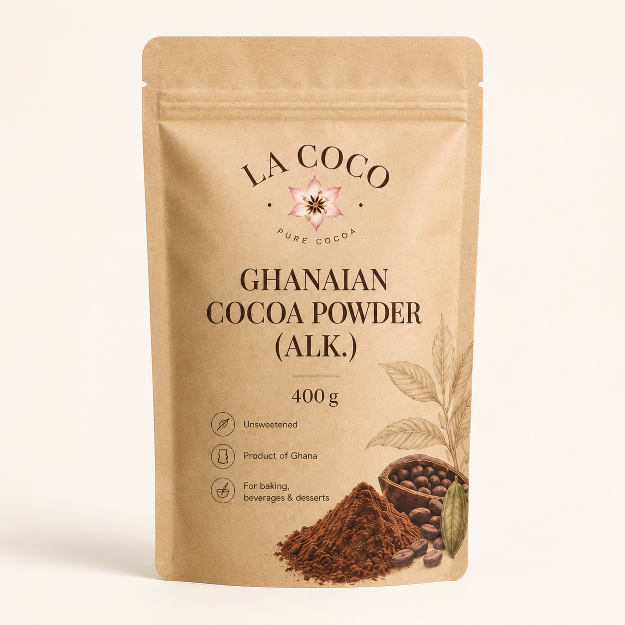 LA COCO Ghanaian alkalized cocoa powder 400 g kraft pouch, front view