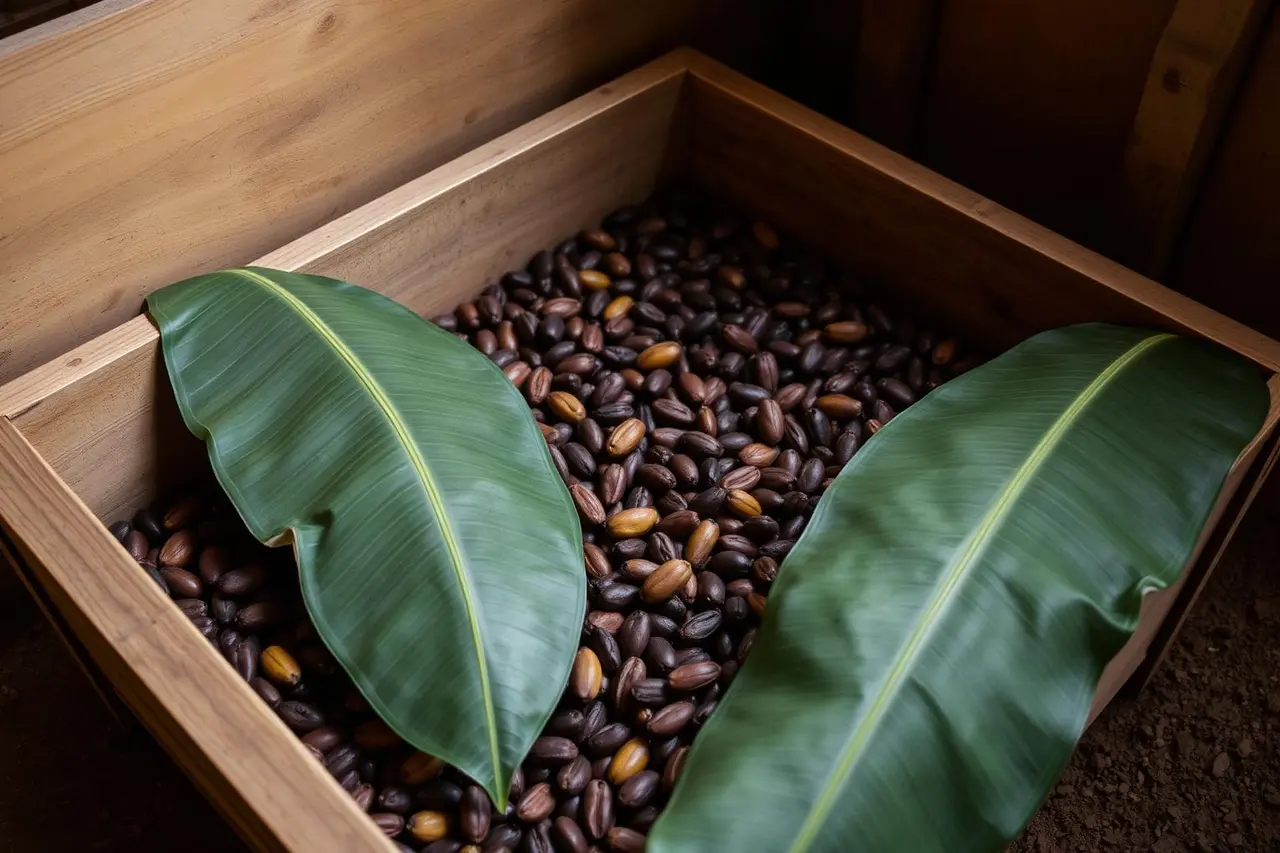 Cocoa beans covered with banana leaves during fermentation.