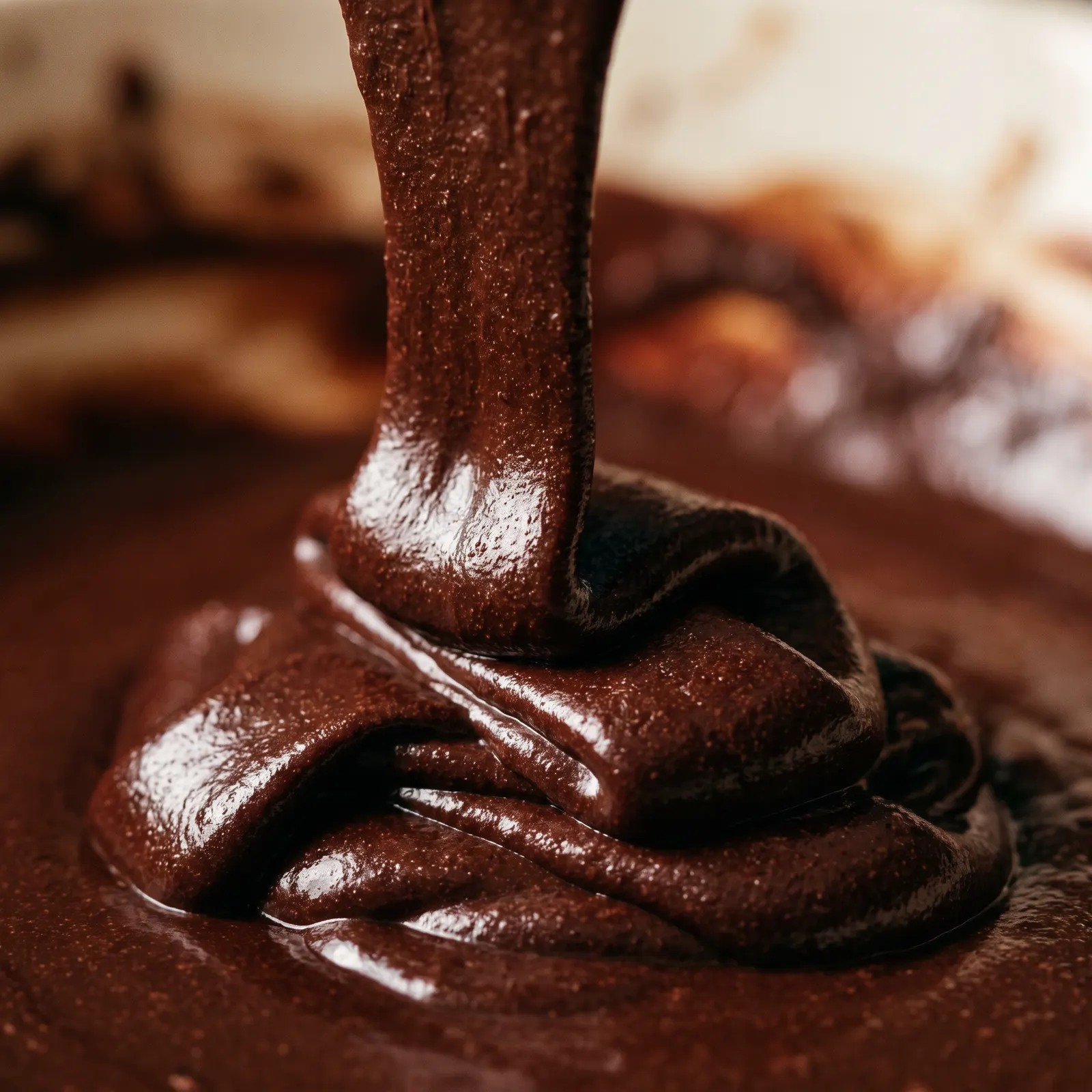Dark glossy cocoa liquor flowing in a ribbon