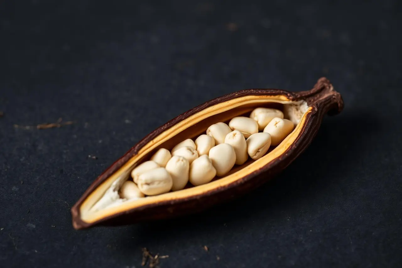 An open cocoa pod showing pale beans surrounded by pulp.