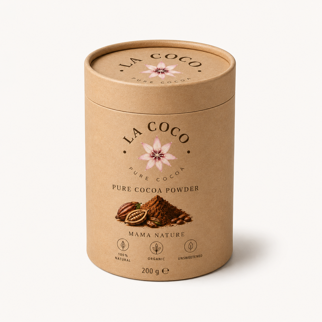 LA COCO pure cocoa powder 200 g kraft cylinder, front view