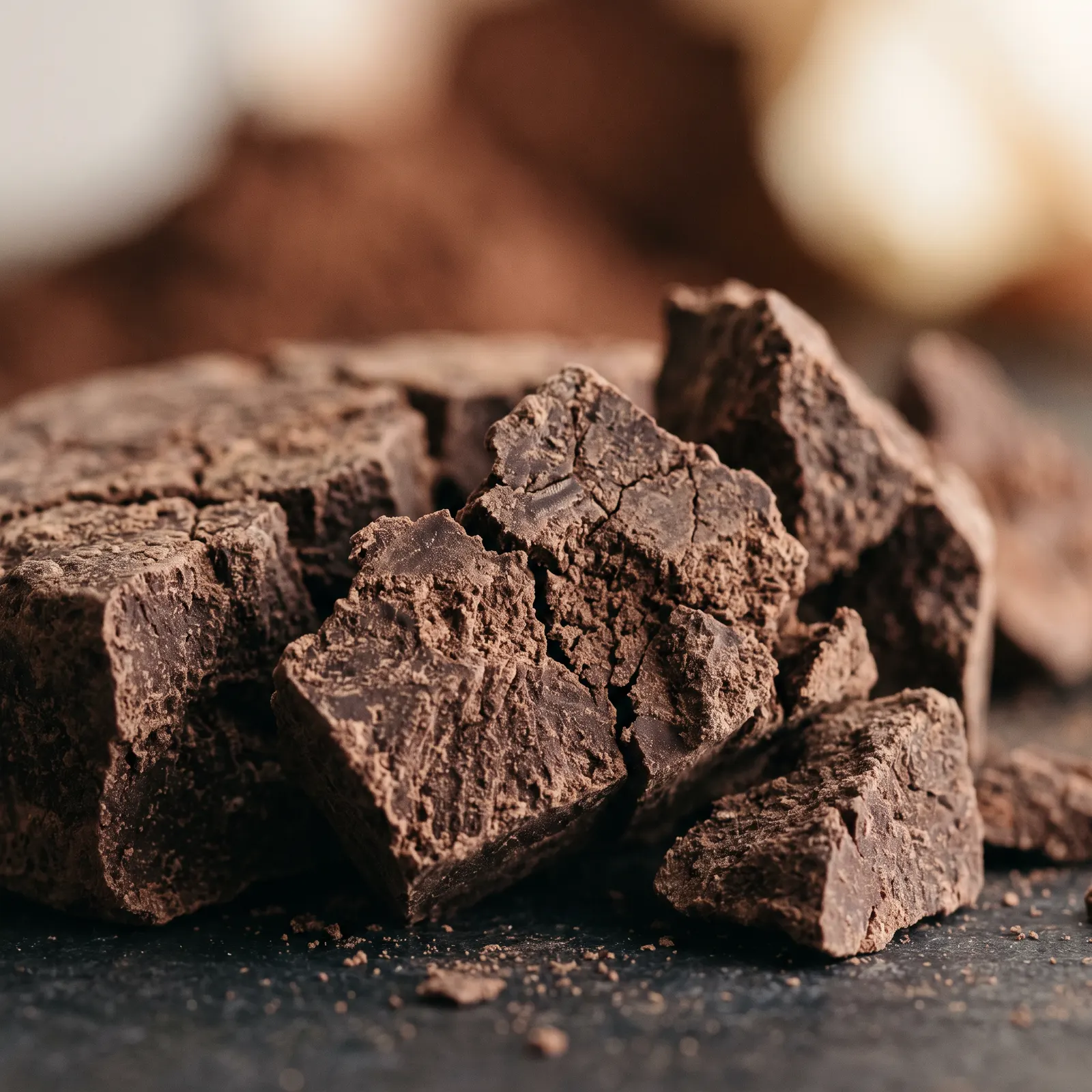 Fractured pressed cocoa cake with mineral texture