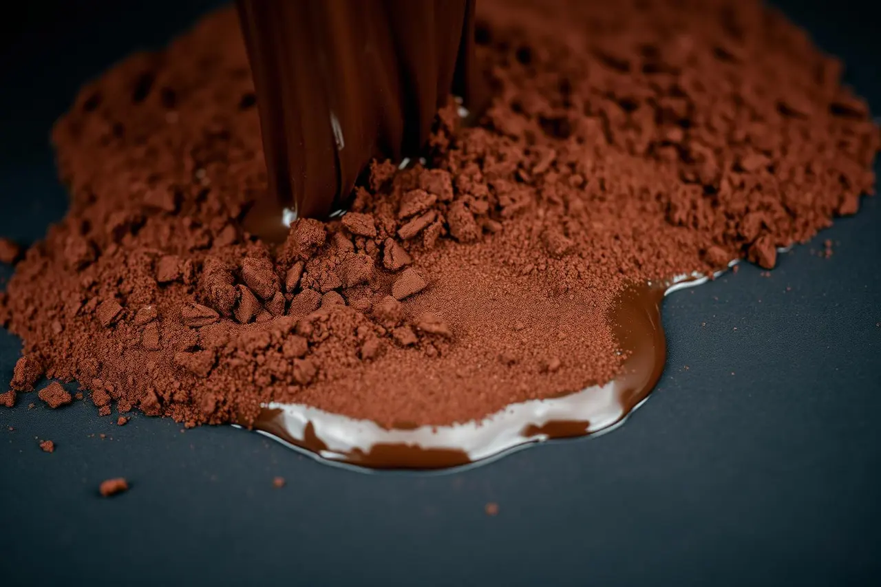 Dark cocoa mass being ground into a dense paste.
