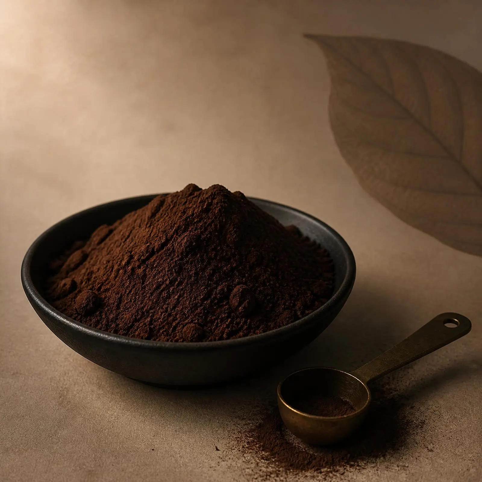 Alkalized cocoa powder — deeper darker mound in a matte stoneware bowl, brass scoop beside