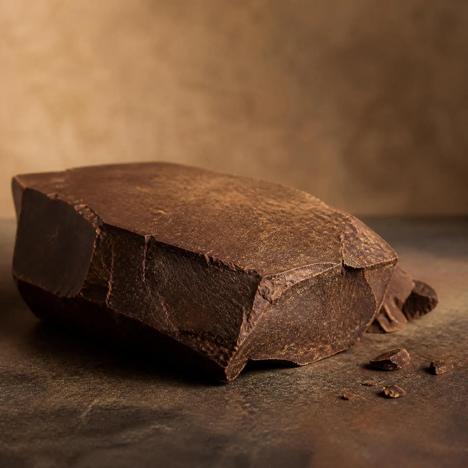 Broken slab of dense dark cocoa mass with fractured edge on warm stone