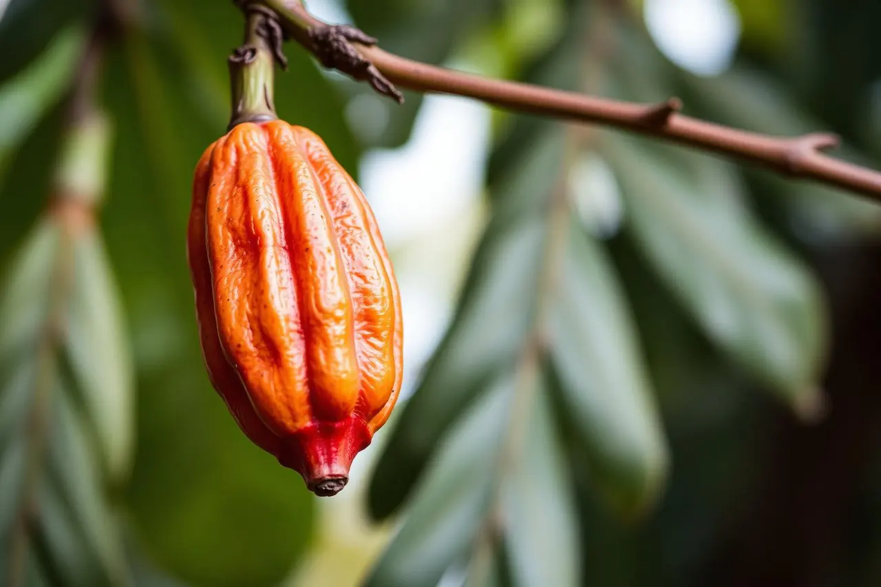 A mature cocoa pod attached to a tree branch.