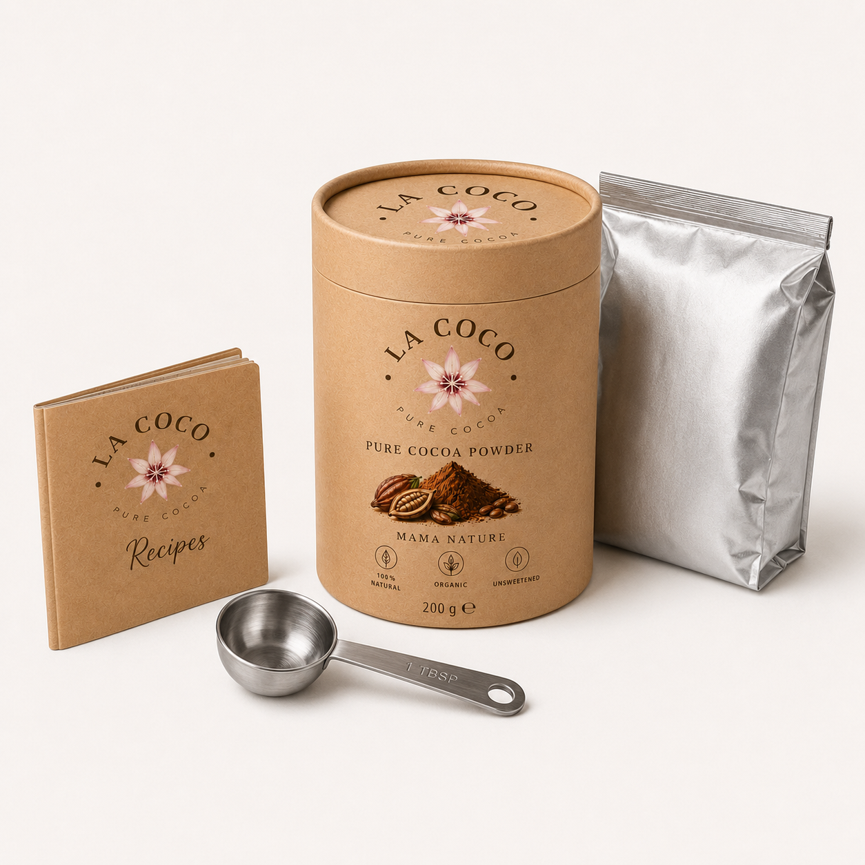 LA COCO pure cocoa powder 200 g cylinder with recipe booklet, measuring spoon and refill pouch