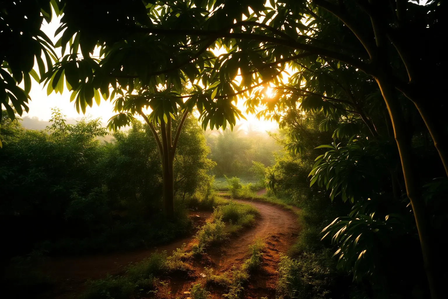 A quiet tropical cocoa-growing landscape with dense understorey and filtered light.